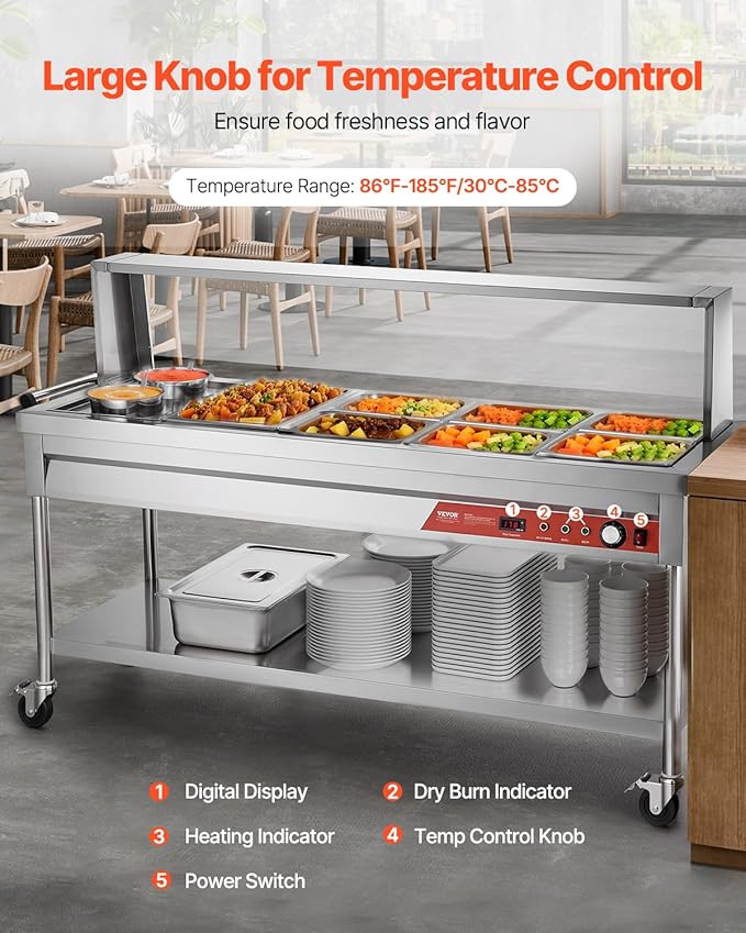 VEVOR Commercial Electric Food Warmer, 7 Pans + 2 Pots Steam Table, 1800W Professional Buffet Catering Food Warmer with Shield Undershelf Wheels, Stainless Steel Server for Party Restaurant