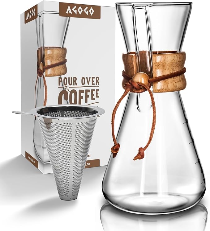 AGOGO Pour Over Coffee Maker Glass - 6/8/10 Cup Barista Kit with 304 Stainless Filter for Home, Office, Camping, Cafes - Easy Clean Coffee Dripper Set (Rag&Brush Included) (6 Cup/20 oz)