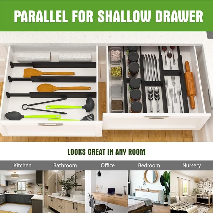 ANTOWIN Bamboo Drawer Dividers Organizers, Expandable Drawer Separators Splitter,17-22 inches Long Adjustable Spring-loaded Organizer for Large Utensil, Clothes, Tools Drawers (Black)