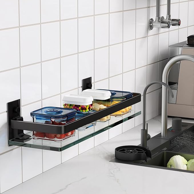 Danpoo Clear Tempered Glass Wall Shelf, Wall-Mounted Organizer for Bathroom, Kitchen(Matte Black)