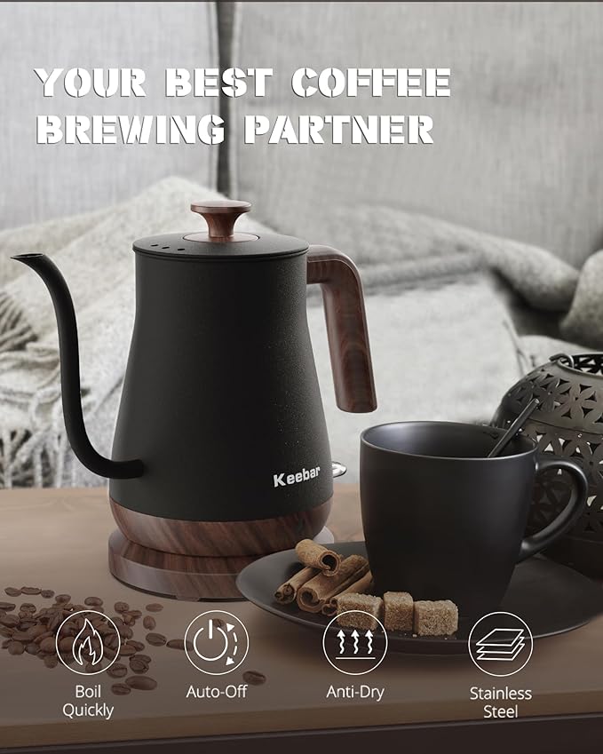 Gooseneck Electric Kettle - Stainless Steel Pour Over with Auto Shut Off, 0.8L Capacity, 1000W Quick Heating, Design with Elegant Handle, Matte Black with Walnut, Manual, (XH-W081-BW)