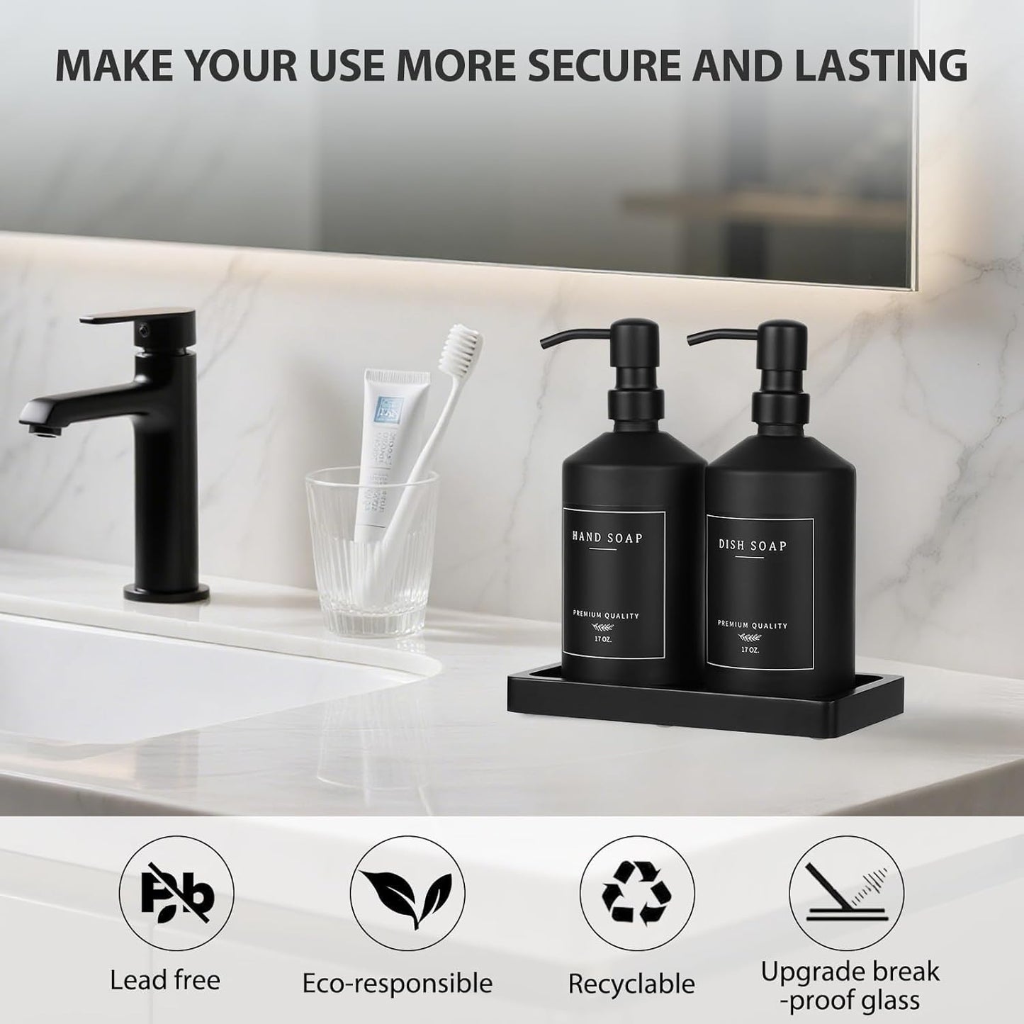 Matte Black Soap Dispenser Set, 17 OZ Hand and Dish Soap Dispenser Set, Bathroom Refillable Soap and Lotion Dispenser Set with Stainless Pump, Modern Liquid Soap Bottle Set(Black Bottle/Black Pump)