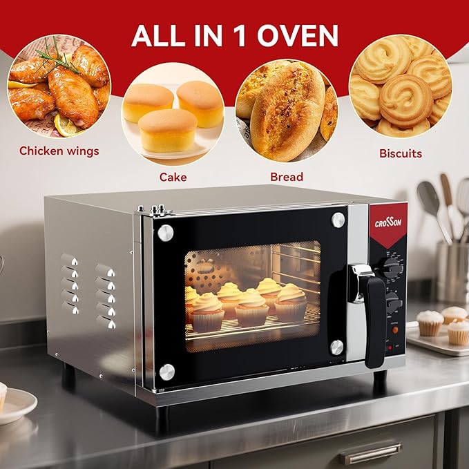 CROSSON 23L Quarter-Size Convection Oven,3-Tier Commercial Toaster oven w/Front Glass Door,3 set of Wire Racks,120 Minutes Timer and Interior Light, 120V/1600W Countertop Conventional Oven