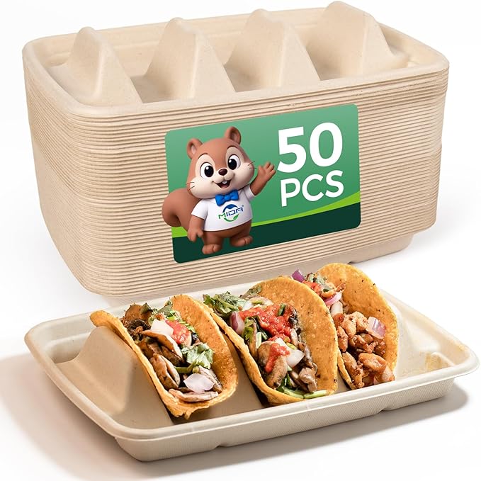 50-Pack 100% Compostable Biodegradable Paper Taco Holders, Eco-Friendly Disposable Paper Taco Tray for Taco Tuesday, Lazy Susan Taco Bar (50-Pack with lids)