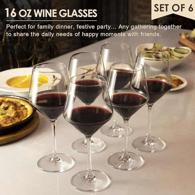 Wine Glasses,White Red Wine Glasses Set of 6,Lead-Free Premium Crystal Clear Glass,Hand Blown Italian Style Burgundy Long Stem Wine Glasses,Great Gift Packaging(16oz,6pack)