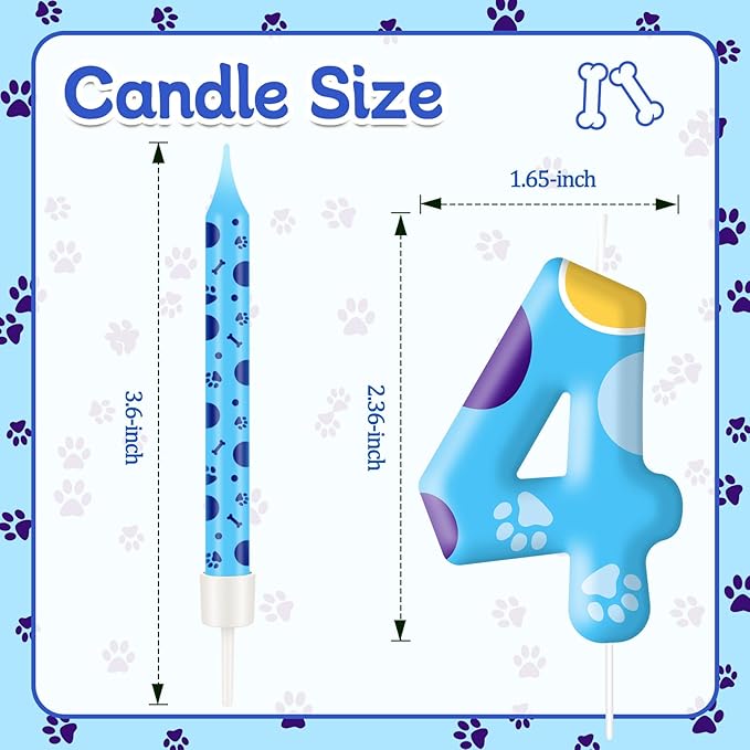 13PCS Blue Dog Paw Birthday Candles Set Cake Topper Numeral Birthday Candles for Boy Girl Dog Paw Decoration(Number 4)