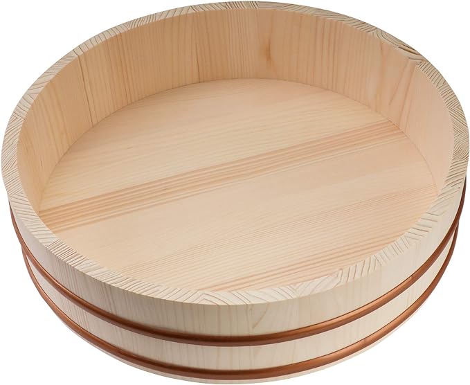 Kichgather Wooden Sushi Rice Bowl with Lid Hangiri Sushi Oke Sushi Rice Mixing Tub (14.2 ” with lid)