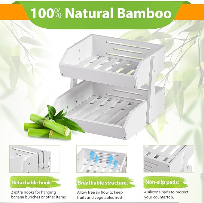 Bamboo Fruit Basket for Kitchen - 2 Tier Fruit Bowl, Large Holder With Banana Hangers, Idea For Vegetable Storage, Bread Display, Snack Organizer (White)