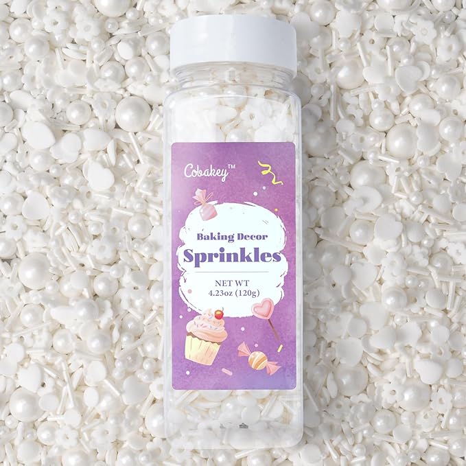 White Lovers Sprinkles for Cake Decorating 4.23ounce - Sugar Mix Contains Heart & Flowers Pearl Sprinkles for Cupcake Toppers, Ice Cream, Candy, Cookie Decorations - Wedding Party Supplies
