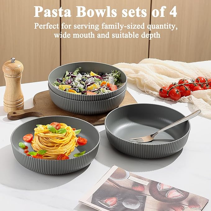 Kyraton Pasta Bowls Set of 4, 37oz Salad Bowls Soup Bowls Large Pasta Serving Bowl Plastic Unbreakable Serving Dishes Dinner Bowls (Grey)