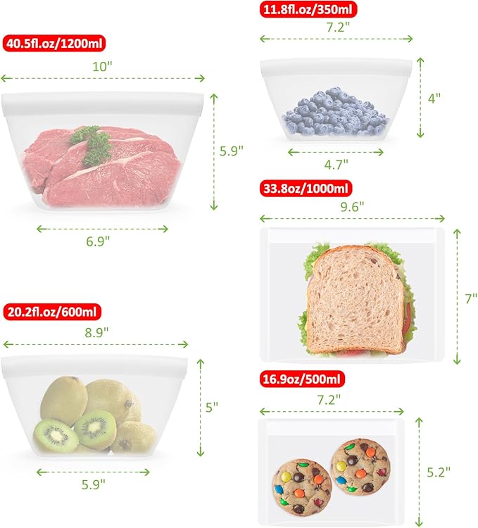 Silicone Bags for Food Storage, Reusable Zip Lock Bags Silicone Food Storage Containers, Freezer Microwave Oven Dishwasher Safe, Plastice BPA-Free 5 Pack (40oz 20oz 12oz 17oz 34oz)