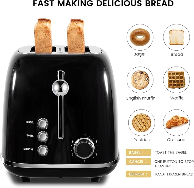 2 Slice Toaster Retro Stainless Steel with Bagel, Cancel, and Defrost Functions, 6 Bread Shade Settings, Extra Wide Slots and Removable Crumb Tray, Black