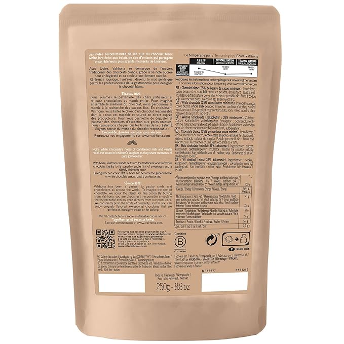 Valrhona Premium French Baking Creamy White Chocolate Discs (Feves) IVOIRE 35% Cacao. Easy Melt and Tempering. Hints of Vanilla & Warm Milk. For Sauces, Mousses, Frostings and Candies 250g (Pack of 2)