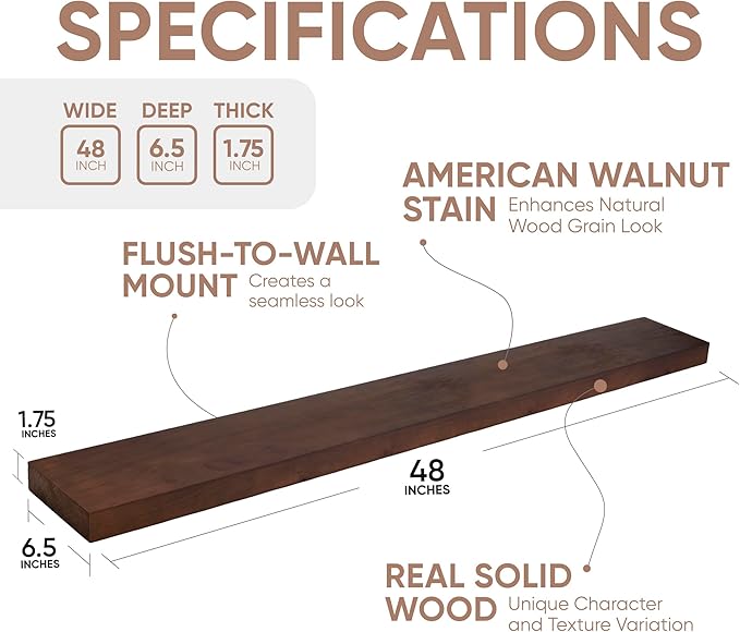 Homeforia 48 inch Walnut Floating Shelf, High End Solid Real Wood Large 48inch Floating Shelves for Wall, Dark Brown 48 inches Long Floating Shelves, Heavy Duty Bracket, 48 X 6.5 X 1.75 inch, Set of 2