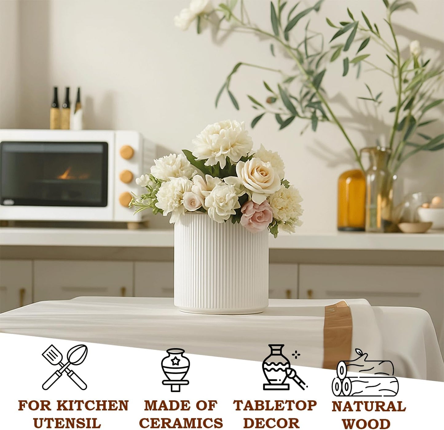 Utensils Holder 360° Rotating Ceramic Kitchen Utensils Holder for Countertop, Utensil Crock for Farmhouse Kitchen Décor, Rotatable & Detachable Wooden Base [White]