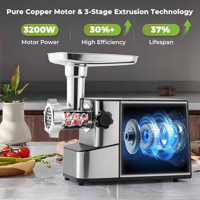 Meat Grinder Electric 3200w High Capacity Storage Commercial Heavy Duty Meat Grinder, Veggie Slicer, Ice Cutter, Cheese Grater, Sausage Stuffers, Kubbe Kit for Home Use & Commercial