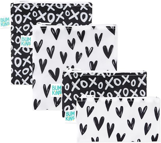 Bumkins - Cloth Snack & Sandwich Bags - For Storage, Travel, Food Prep, Lunch - Reusable, Water Resistant, Washable, Dishwasher Safe - Snack Bags for Kids - Zipper Closure - Black Hearts - 4 Pack