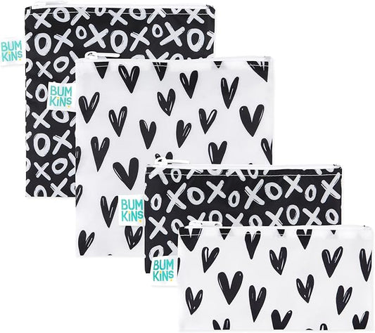 Bumkins - Cloth Snack & Sandwich Bags - For Storage, Travel, Food Prep, Lunch - Reusable, Water Resistant, Washable, Dishwasher Safe - Snack Bags for Kids - Zipper Closure - Black Hearts - 4 Pack