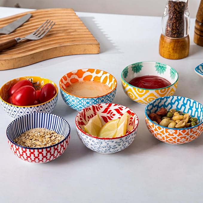 Ceramic Dipping Bowls Set - 4 Oz Small Dessert Bowl 3.5 Inch Porcelain Small Bowls for Side Dishes, Snack, Yogurt, Appetizer - Microwave Dishwasher Safe - Set of 6 - Assorted Colors