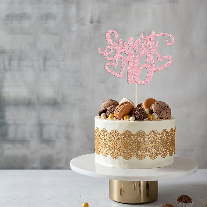 Gyufise 1Pc Sweet Teenager 16 Cake Topper Glitter 16th Birthday Cake Pick for Cheers to 16 Years Old 16th Birthday Party Cake Decorations Supplies Pink