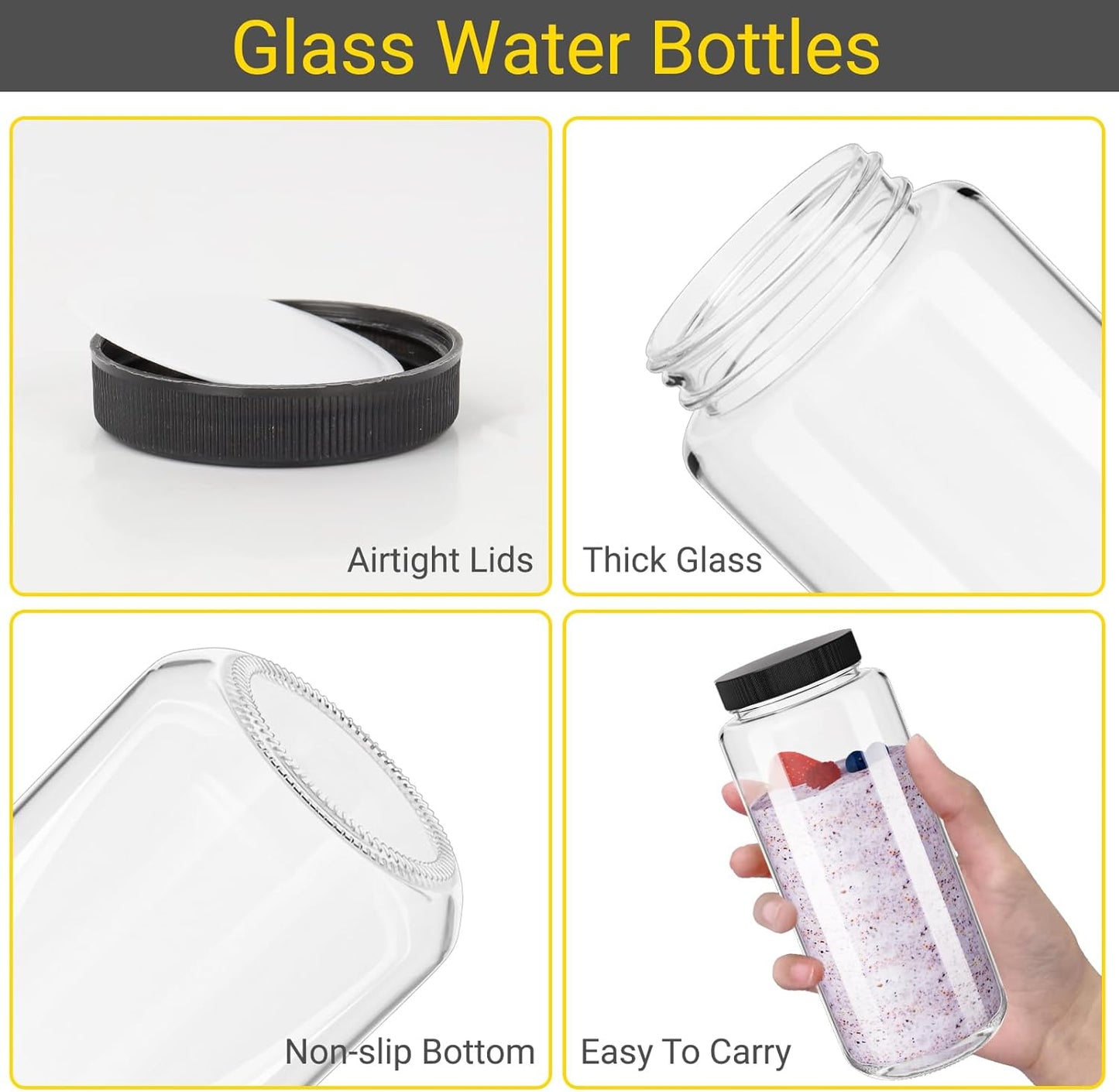 Keketin 16 oz Glass Juice Bottle with Airtight Lids,Set of 6 Wide Mouth Water Bottles for Beverages,500ML Reusable Empty Glass Drinking Jars for Juicing,Smoothies,Ginger and Milk