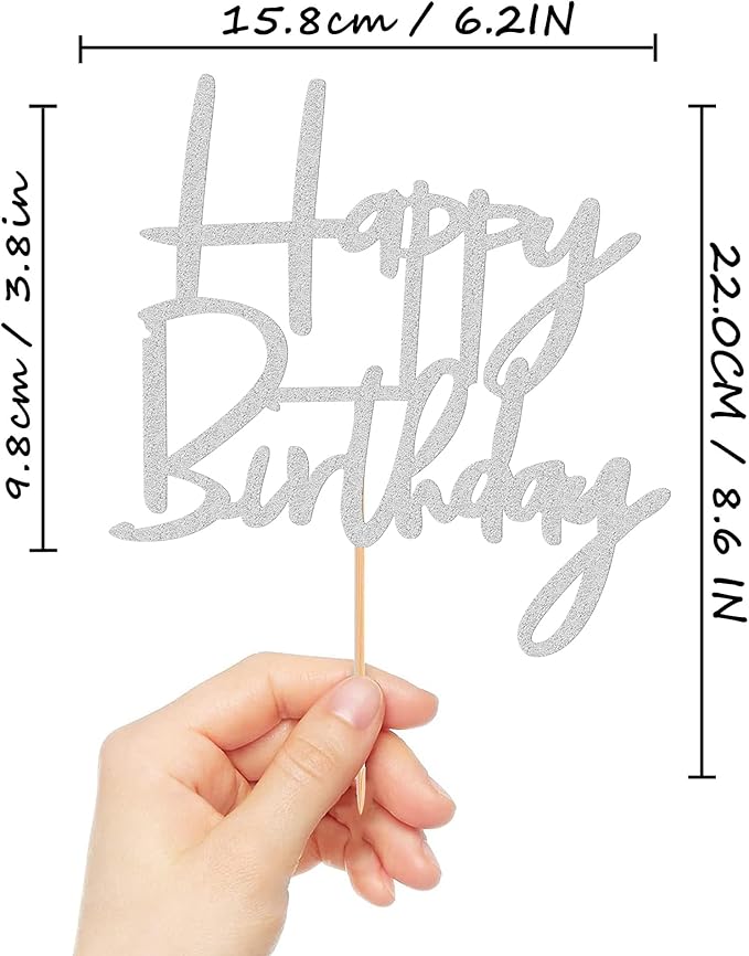 Happy Birthday Cake Topper - Glitter Silver Birthday Cake Top Decorations (Silver)