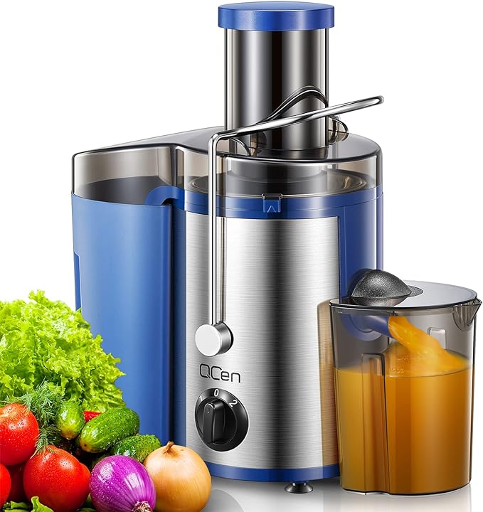 QCen Juicer Machine, 500W Centrifugal Juicer Extractor with Wide Mouth 3” Feed Chute for Fruit Vegetable, Easy to Clean, Stainless Steel, BPA-free (Blue)