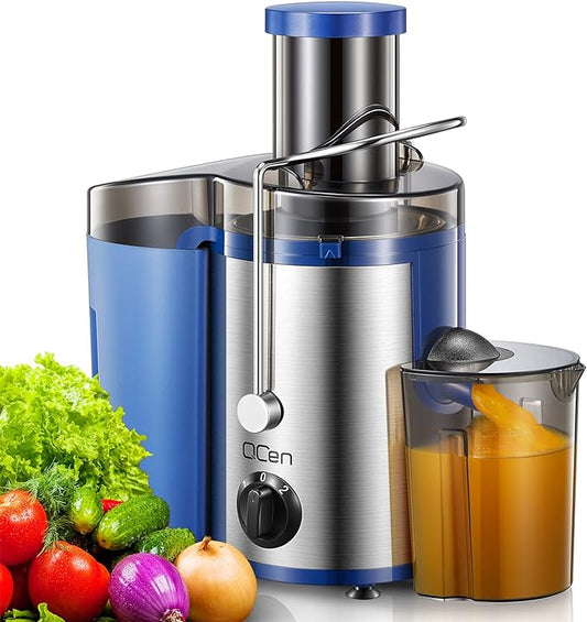 QCen Juicer Machine, 500W Centrifugal Juicer Extractor with Wide Mouth 3” Feed Chute for Fruit Vegetable, Easy to Clean, Stainless Steel, BPA-free (Blue)