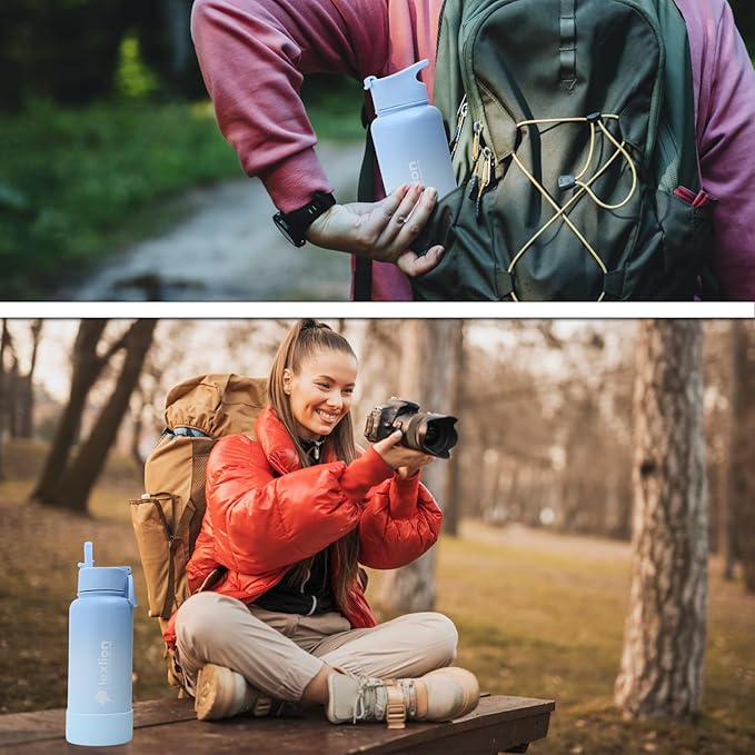 Lexlion 32 Oz Triple Walled Insulated Stainless Steel Fruit Infuser Bottle - Tea Infuser Water Bottle with 3 Lids, Silicone Sleeve, Leakproof, Metal Mug Gallon