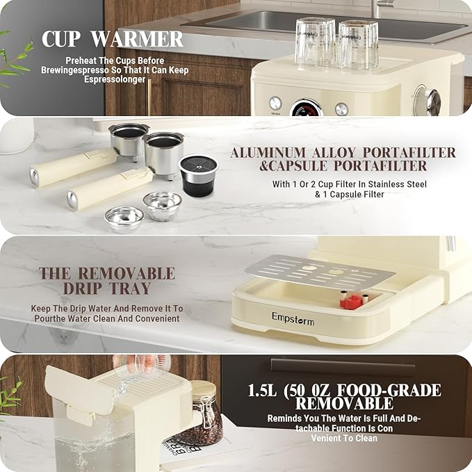 Espresso Machine 20 Bar, 2 in 1 Espresso Maker with Milk Frother Steam Wand for Latte and Cappuccino, Powder and Capsule Portafilter, 50oz Removable Water Tank Coffee Machine for Home-White