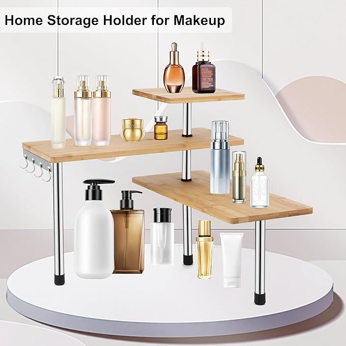 HYNAWIN Corner Shelf, 3 Tier Bamboo & Metal Storage Spice Rack-Desk, Space Saving Bookshelf with Hooks, Adjustable Display Shelf for Creative Home Décor Kitchen, Bedroom, Office (21CO)