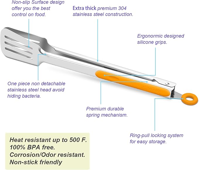 Premium 304 Stainless Steel Barbecue Turners, Heavy Duty Non-Stick BBQ Cooking Kitchen Tongs, 9" and 12" Orange