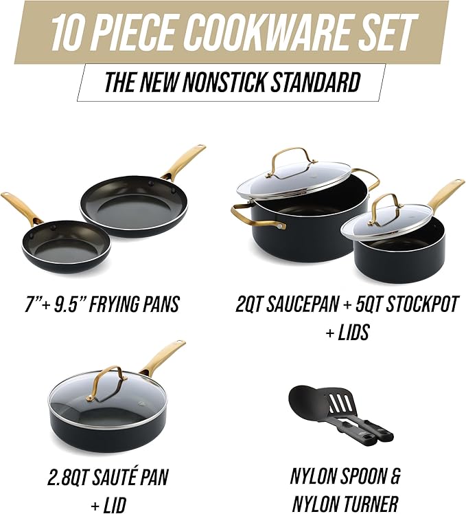 Blue Diamond Gold 10 Piece Cookware Pots and Pans Set, Induction Suitable, Diamond Infused PFAS-Free Ceramic Nonstick, Durable, Metal Utensil Safe, Dishwasher Safe, Gold Handle, Black