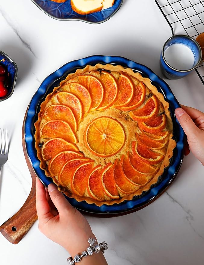 AISBUGUR Pie Pan for Baking 9 Inch Ceramic Pie Dish Quiche Baking Dish Non-Stick Dishwasher & Oven Safe (Reactive Glaze Blue)