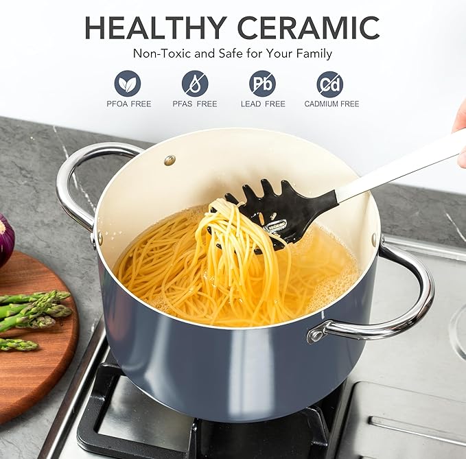 MICHELANGELO Stock Pot with Lid, 6 Quart Soup Pot with Ceramic Coating, Nonstick Ceramic Cooking Pot, Induction Compatible Stockpot - 6QT, Haze blue