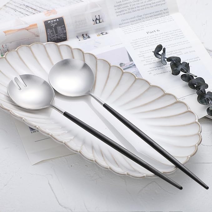 Salad Servers,Spoon and Fork Set 11.41 inch,18/10 Stainless Steel Salad Serving Titanium Plating (black silver)