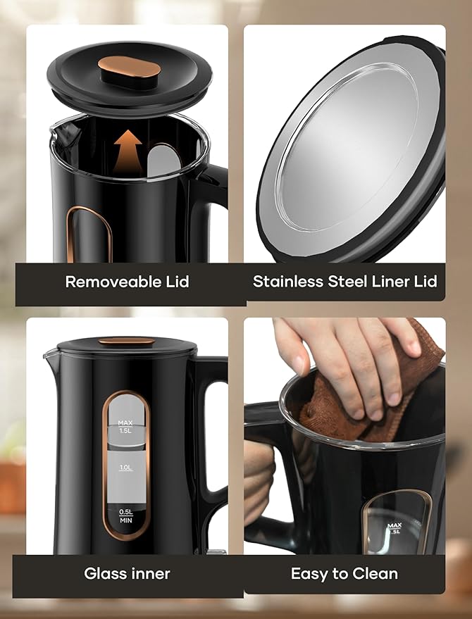 Offacy Electric Kettle, Tea Kettle Pot, Double Wall Glass Inner 1.5L/1200W, Hot Water Kettle Teapot Boiler & Heater with Automatic Shut Off, BPA-Free & LED Indicator Lights, Black
