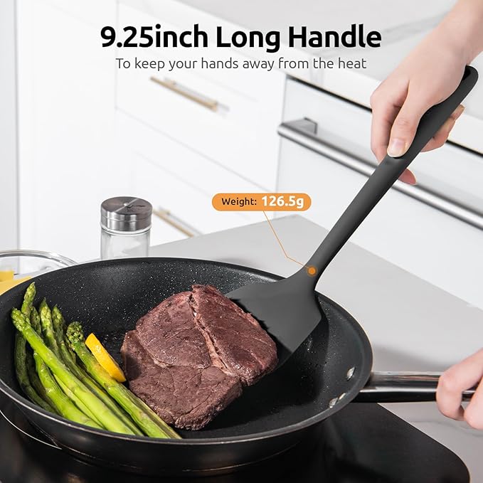 600ºF Heat Resistant Silicone Turner: U-Taste 13.6in Long Solid & Slotted Thick Kitchen Spatula Flipper, Large Flexible Cooking Utensil for Flipping Egg in Nonstick Cookware (Classic Black, 2PCS)