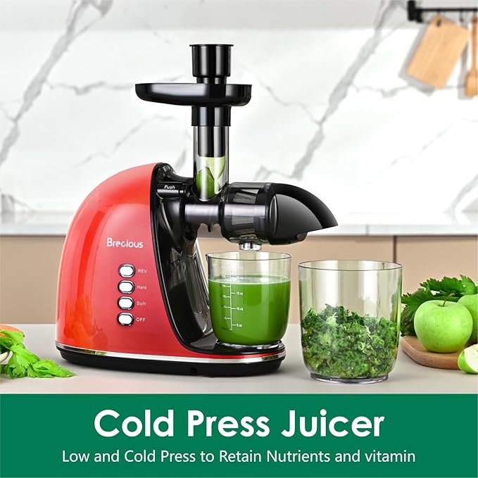 Slow Masticating Juicer,Brecious Cold Press Juicers with 2 Speed Modes & Quiet Motor,Juicers Machines Vegetable and Fruit with Reverse Function,Celery Juicer,BPA-Free,Easy to Clean (Red）