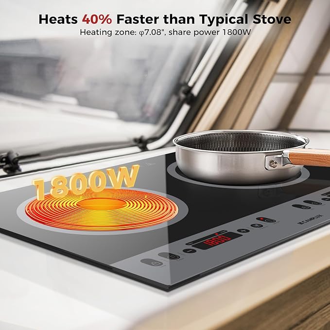 CAMPLUX RV Induction Cooktop 2 Burners 1800W, Electric Cooktop 120V Plug in, Portable Induction Stove with Sensor Touch, Timer, Safety Lock, Countertop/Built-in for RV, Mini Kitchen or Apartments