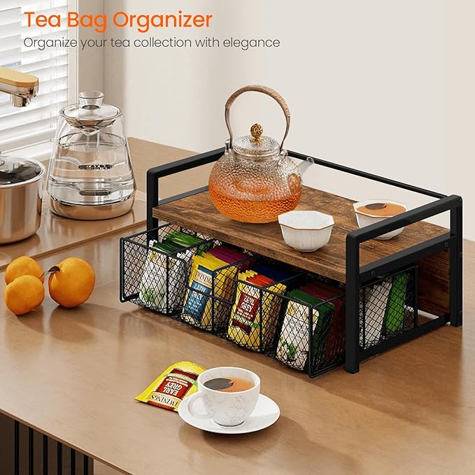 Homode Tea Bag Organizer, Wood Tea Organizers and Storage Chest, Teabag Holder with Storage Drawer,Tea Station Chest Display Container Box for Countertop Kitchen, Rustic Brown