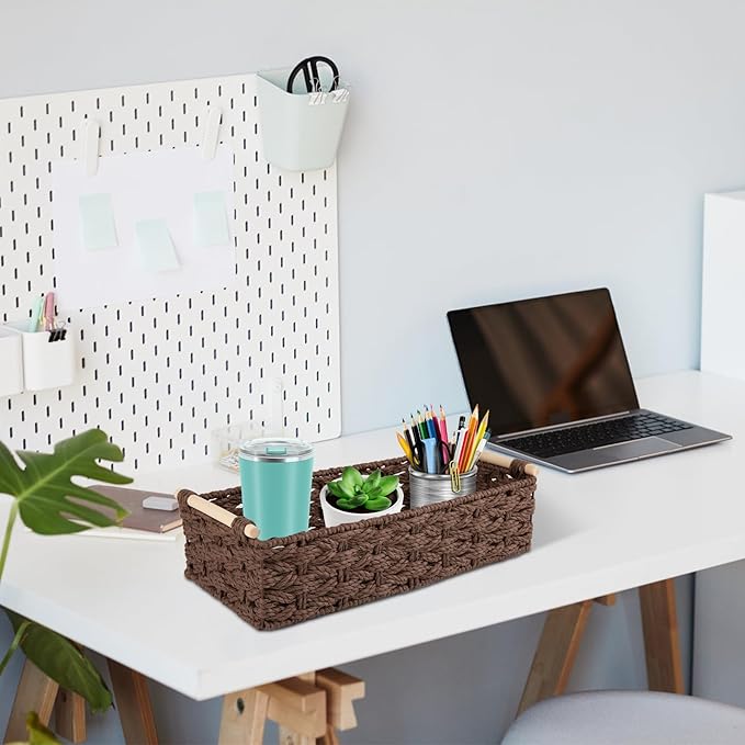 OIAHOMY Toilet Paper Baskets Handmade Paper Rope Decorative Wicker Storage Tank Shelf Cabinet Organizer for Bathroom Home, Set of 2, Brown