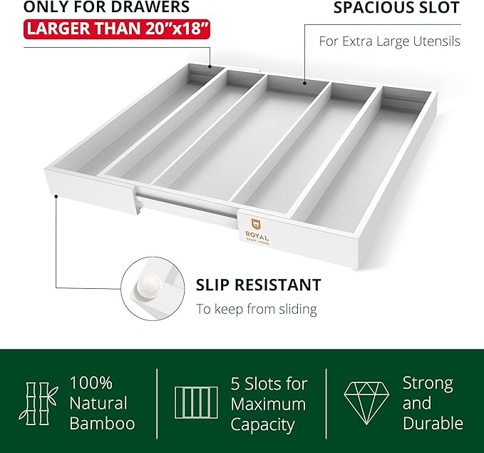 ROYAL CRAFT WOOD Luxury Bamboo Kitchen Drawer Organizer - Silverware Organizer - Utensil Holder and Cutlery Tray with Grooved Drawer Dividers for Flatware and Kitchen Utensils (5 Slot, White)