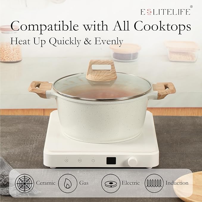 ESLITE LIFE Nonstick Stock Pot with Lid, 3 Quart Granite Casserole Small Soup Pot Pasta Cooking Pot, Induction Compatible, PTFE & PFOA Free, White