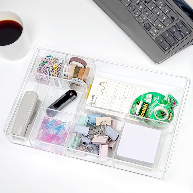 8-Section Clear Drawer Organizer, Large Acrylic Drawer Divider Tray for Desk,Bathroom,Office Makeup,Junk, Plastic Drawers Organizer 13.7" x 8.7" x 2" (8-Section)