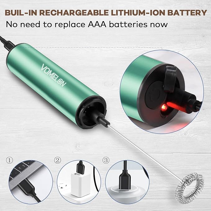 Milk Frother, Rechargeable Battery Operated Frother for Coffee,Portable Drink Mixer with 2 Stainless Steel Whisk Heads,Milk Foamer for Keto Coffee, Latte, Cappuccino, Hot Chocolate,Light Blue