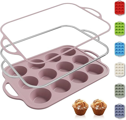 12 Cups Silicone Muffin Pan with Metal Reinforced Frame Regular Size Cupcake Pan Tray Egg Bites Silicone Cookie Molds Muffin Tin Best Baking Pans Tart Pan Sheet Set Reusable Cupcake Liners