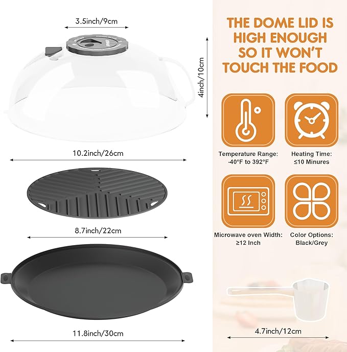 Microwave Splatter Cover for Food, Plastic Microwave Cover with Water Steamer and Integrated Handle, 10 Inch Splatter Guard Lid with Plate, Kitchen Gadgets & Accessories (Gray, 10 inch)