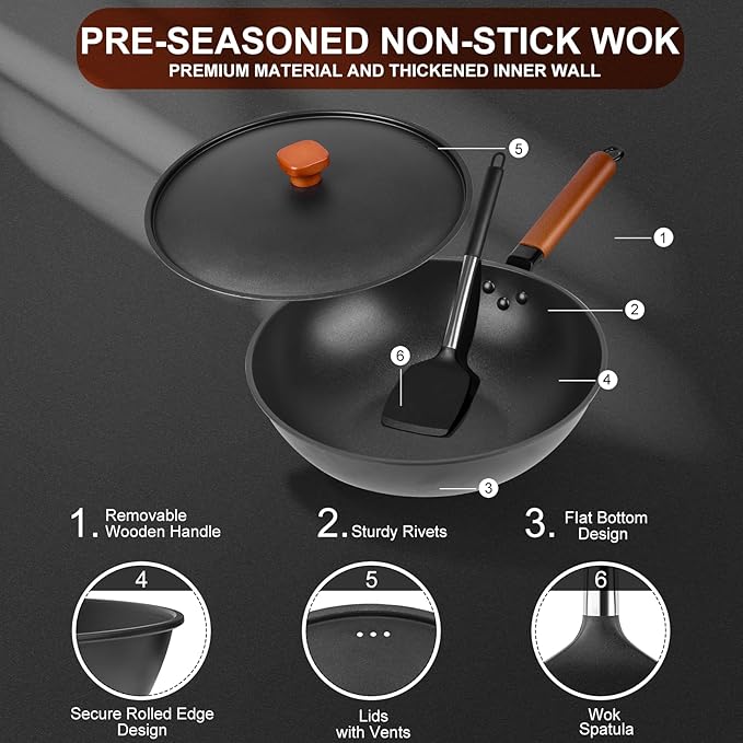 Carbon Steel Wok Pan - 12.9" Woks & Stir-Fry Pans Nonstick with Spatula: Flat Bottom Wok for Electric, Induction and Gas Stoves