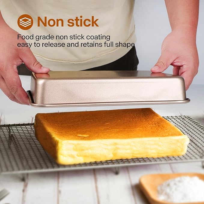 Rectangle Cake Pan, 9x11 Baking Pan, Deep Bread Pan Nonstick, Toaster Oven Tray Bakeware for Brownies, Heavy Duty, 11x9x2 Inch, Pack of 2, Gold, Easy Release